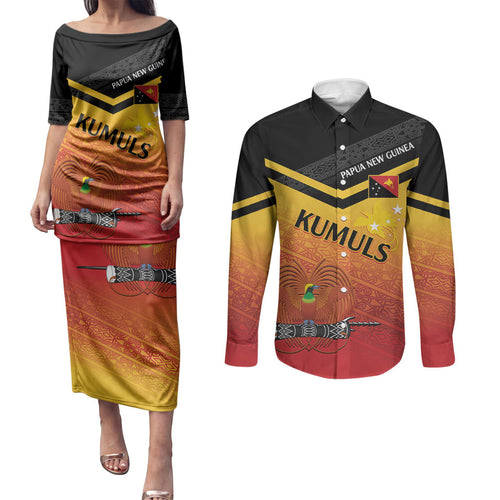 Papua New Guinea Custom Rugby The Kumuls Couples Matching Puletasi and Long Sleeve Button Shirt Motuan Inspired Pattern
