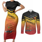 Papua New Guinea Custom Rugby The Kumuls Couples Matching Short Sleeve Bodycon Dress and Long Sleeve Button Shirt Motuan Inspired Pattern
