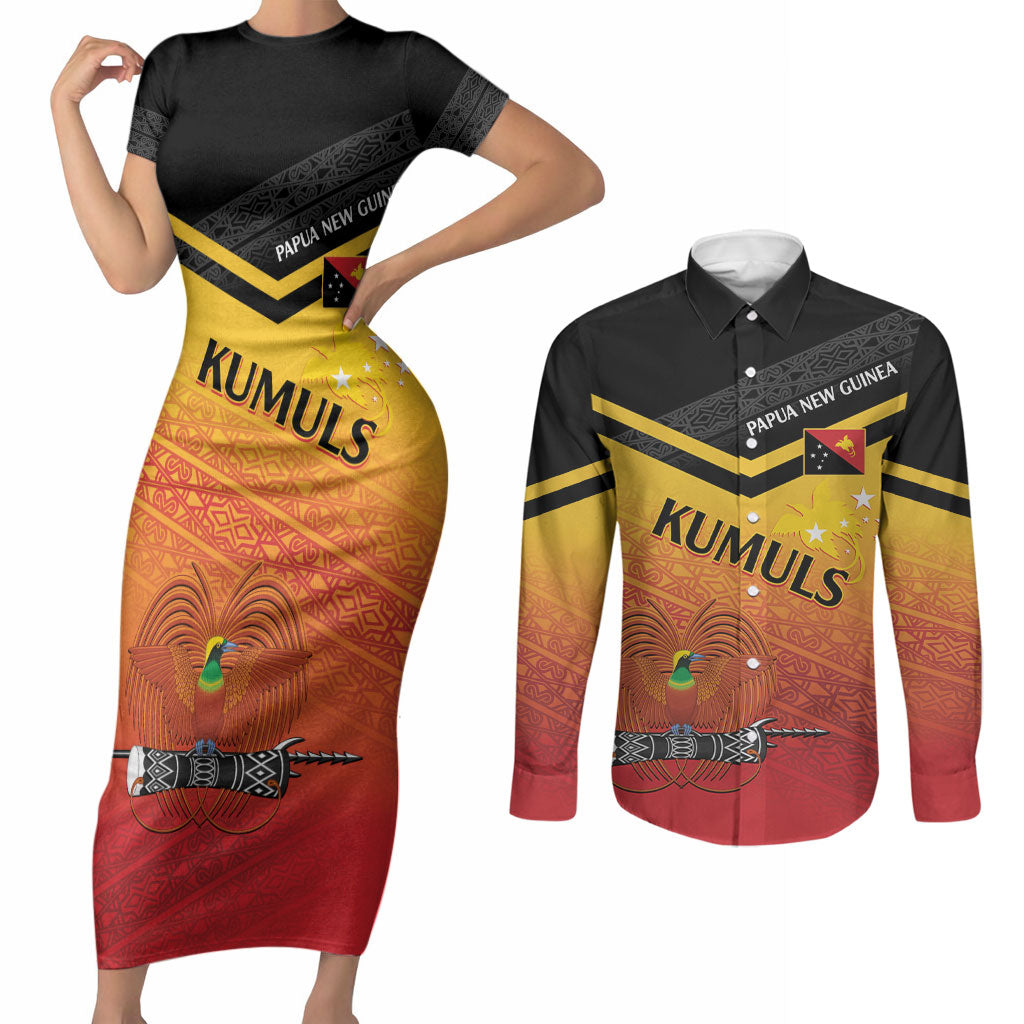Papua New Guinea Custom Rugby The Kumuls Couples Matching Short Sleeve Bodycon Dress and Long Sleeve Button Shirt Motuan Inspired Pattern