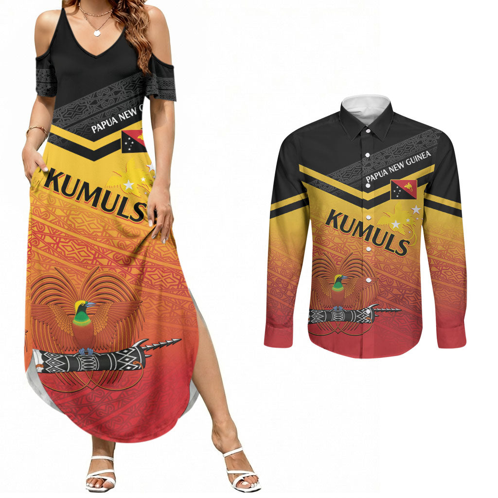 Papua New Guinea Custom Rugby The Kumuls Couples Matching Summer Maxi Dress and Long Sleeve Button Shirt Motuan Inspired Pattern