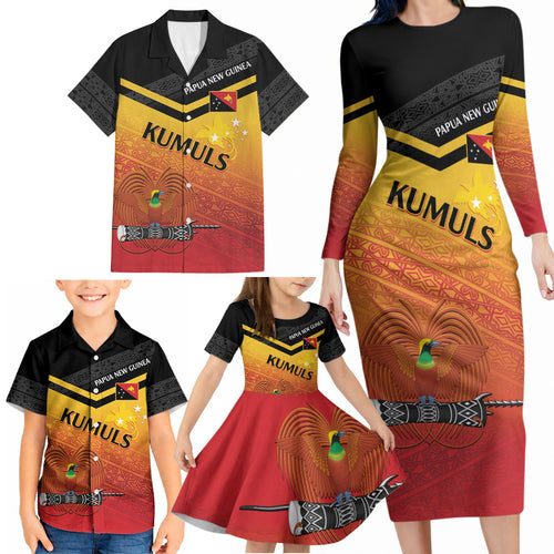 Papua New Guinea Custom Rugby The Kumuls Family Matching Long Sleeve Bodycon Dress and Hawaiian Shirt Motuan Inspired Pattern