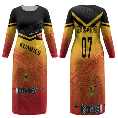 Papua New Guinea Custom Rugby The Kumuls Family Matching Long Sleeve Bodycon Dress and Hawaiian Shirt Motuan Inspired Pattern