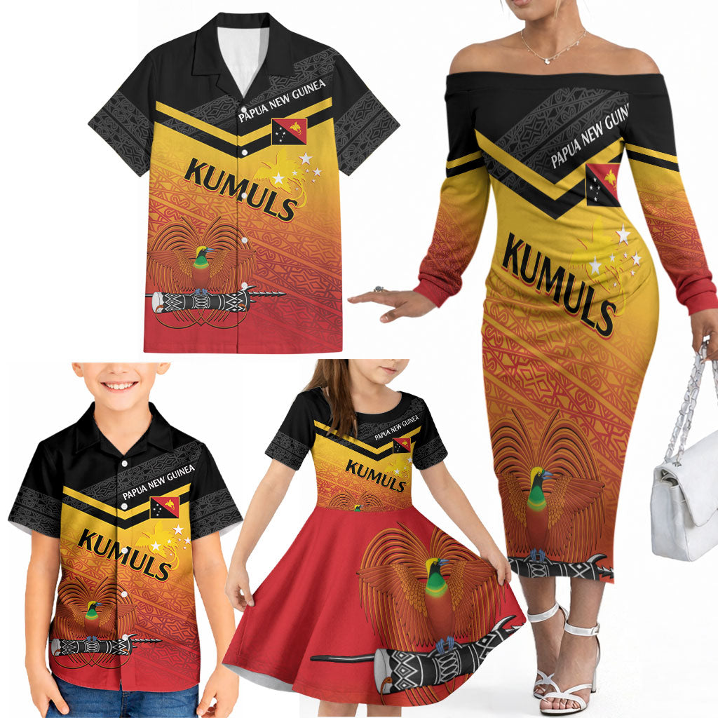 Papua New Guinea Custom Rugby The Kumuls Family Matching Off The Shoulder Long Sleeve Dress and Hawaiian Shirt Motuan Inspired Pattern