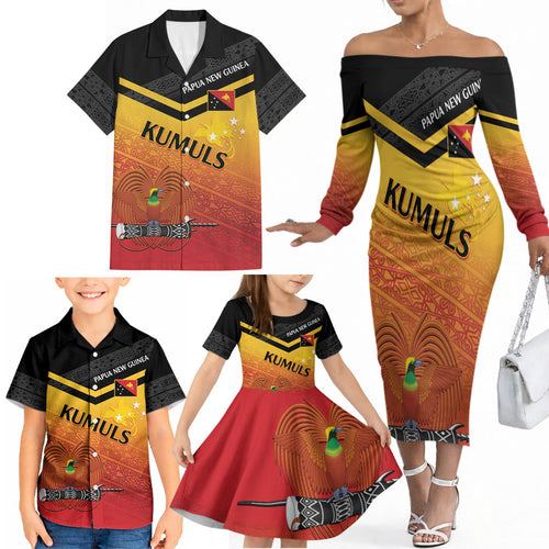 Papua New Guinea Custom Rugby The Kumuls Family Matching Off The Shoulder Long Sleeve Dress and Hawaiian Shirt Motuan Inspired Pattern
