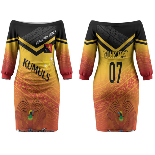 Papua New Guinea Custom Rugby The Kumuls Family Matching Off The Shoulder Long Sleeve Dress and Hawaiian Shirt Motuan Inspired Pattern