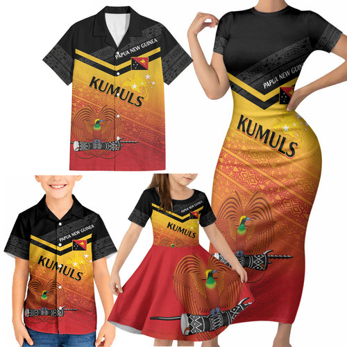 Papua New Guinea Custom Rugby The Kumuls Family Matching Short Sleeve Bodycon Dress and Hawaiian Shirt Motuan Inspired Pattern