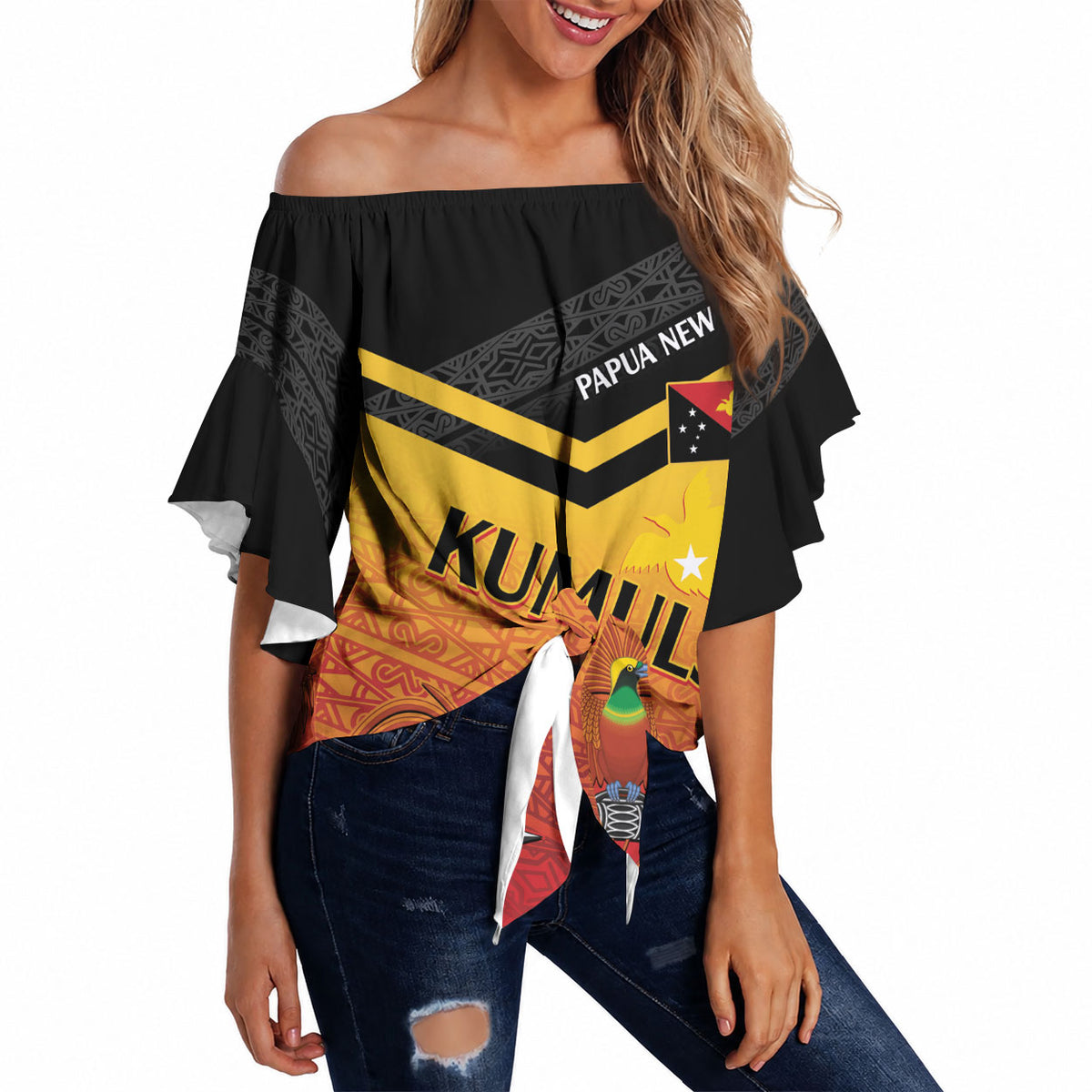 Papua New Guinea Custom Rugby The Kumuls Off Shoulder Wrap Waist Top Motuan Inspired Pattern