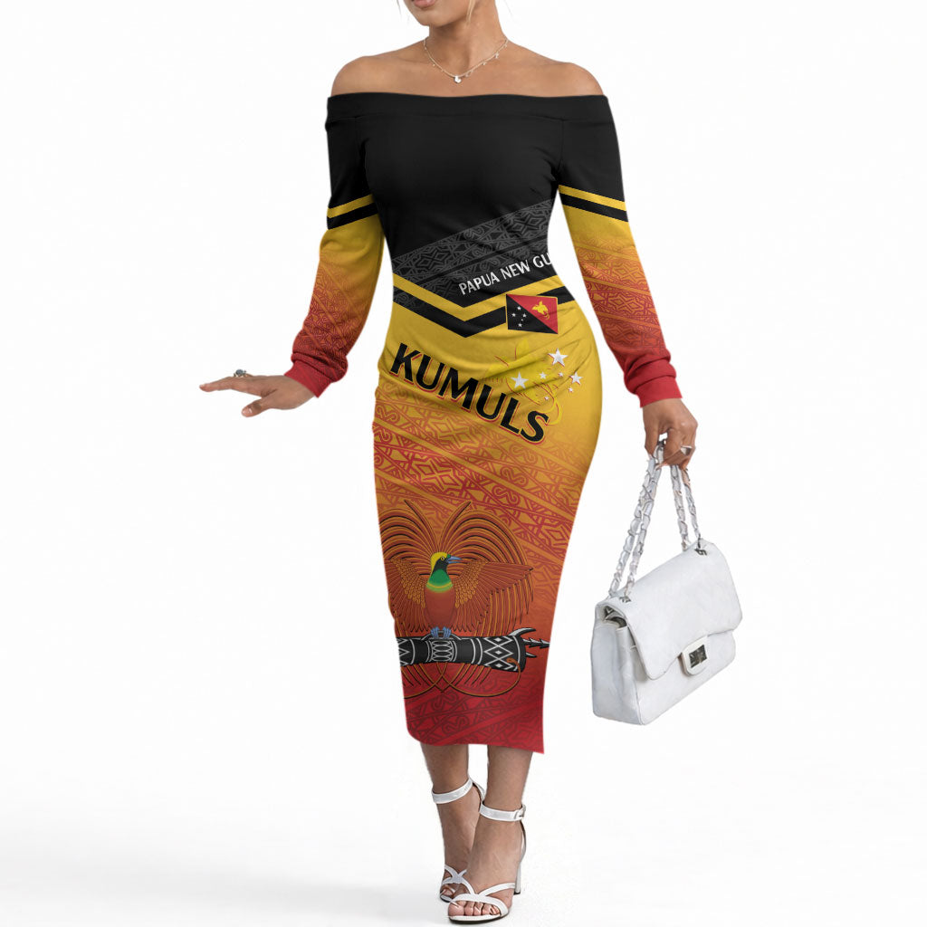 Papua New Guinea Custom Rugby The Kumuls Off The Shoulder Long Sleeve Dress Motuan Inspired Pattern