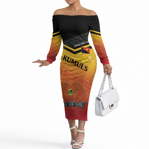 Papua New Guinea Custom Rugby The Kumuls Off The Shoulder Long Sleeve Dress Motuan Inspired Pattern
