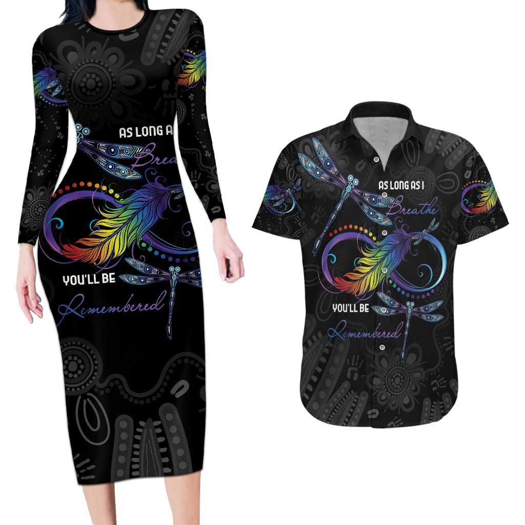 Personalised Australia Indigenous Memorial Couples Matching Long Sleeve Bodycon Dress and Hawaiian Shirt As Long As I Breathe You'll Be Remembered