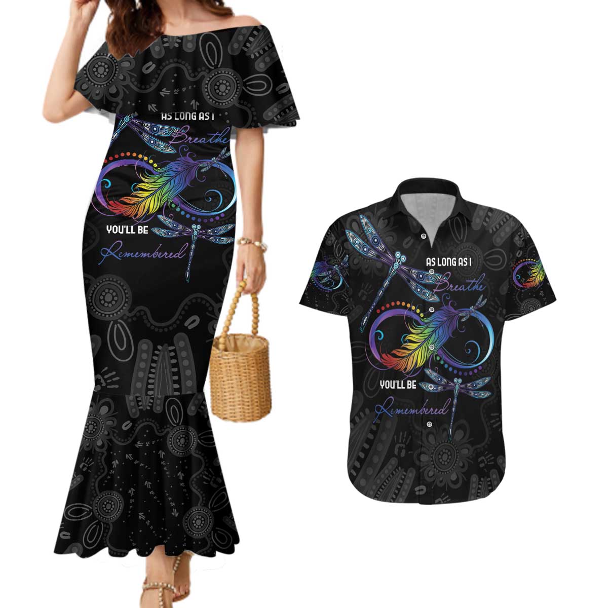 Personalised Australia Indigenous Memorial Couples Matching Mermaid Dress and Hawaiian Shirt As Long As I Breathe You'll Be Remembered