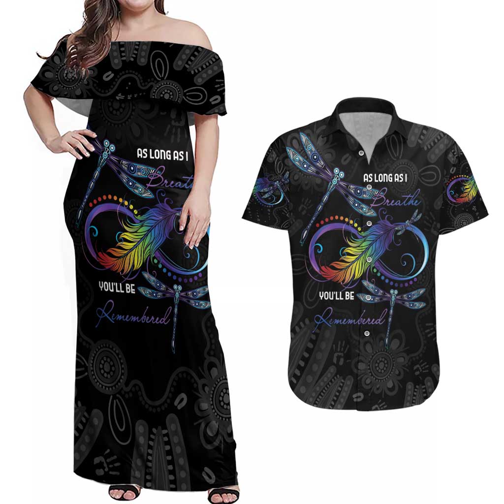 Personalised Australia Indigenous Memorial Couples Matching Off Shoulder Maxi Dress and Hawaiian Shirt As Long As I Breathe You'll Be Remembered