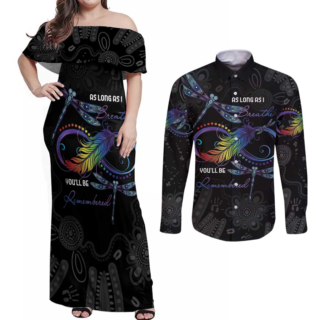 Personalised Australia Indigenous Memorial Couples Matching Off Shoulder Maxi Dress and Long Sleeve Button Shirt As Long As I Breathe You'll Be Remembered