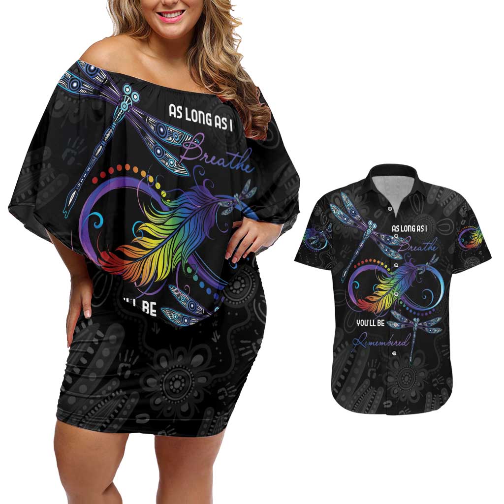 Personalised Australia Indigenous Memorial Couples Matching Off Shoulder Short Dress and Hawaiian Shirt As Long As I Breathe You'll Be Remembered