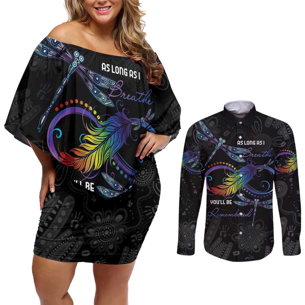 Personalised Australia Indigenous Memorial Couples Matching Off Shoulder Short Dress and Long Sleeve Button Shirt As Long As I Breathe You'll Be Remembered
