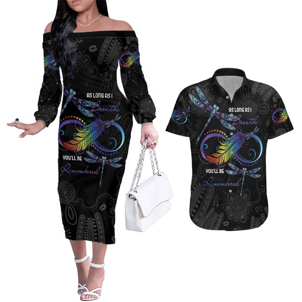 Personalised Australia Indigenous Memorial Couples Matching Off The Shoulder Long Sleeve Dress and Hawaiian Shirt As Long As I Breathe You'll Be Remembered