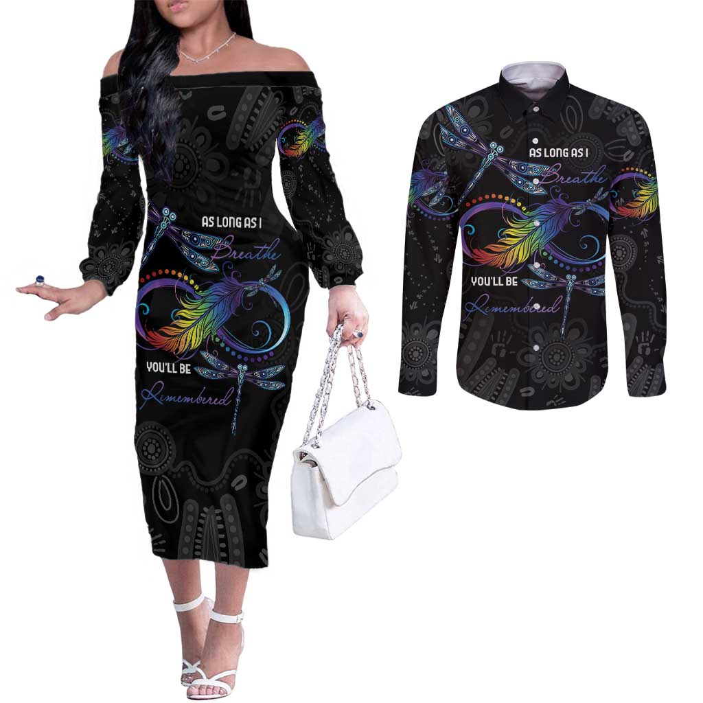 Personalised Australia Indigenous Memorial Couples Matching Off The Shoulder Long Sleeve Dress and Long Sleeve Button Shirt As Long As I Breathe You'll Be Remembered