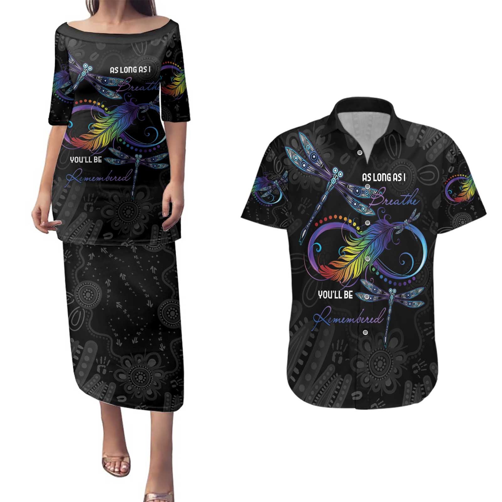 Personalised Australia Indigenous Memorial Couples Matching Puletasi and Hawaiian Shirt As Long As I Breathe You'll Be Remembered