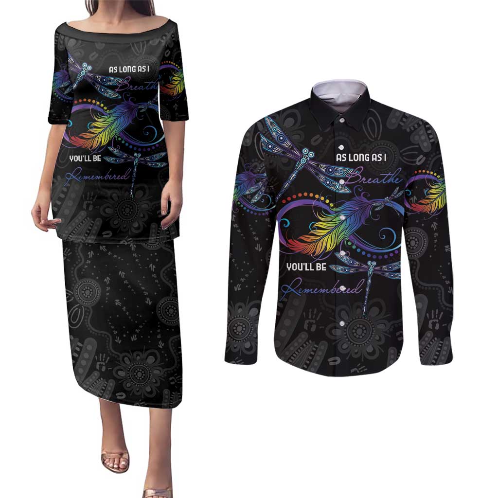 Personalised Australia Indigenous Memorial Couples Matching Puletasi and Long Sleeve Button Shirt As Long As I Breathe You'll Be Remembered
