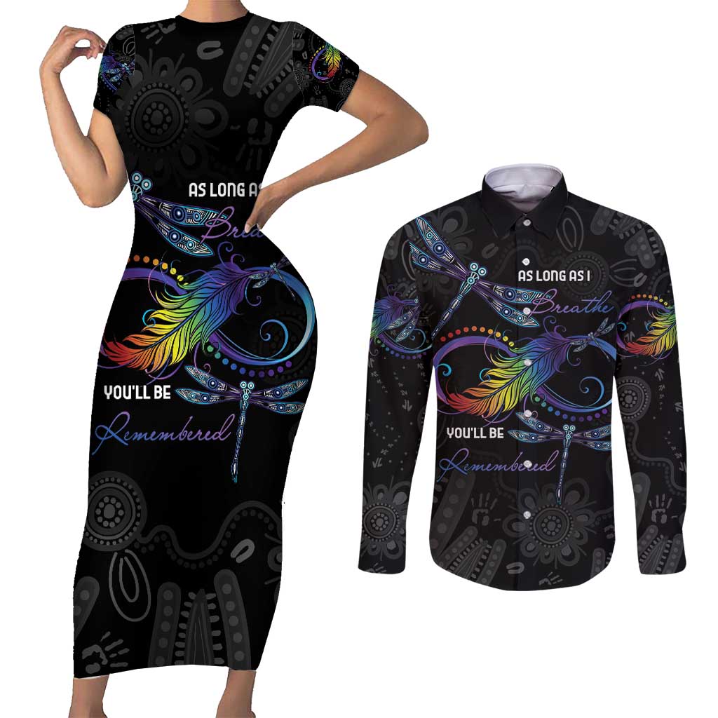 Personalised Australia Indigenous Memorial Couples Matching Short Sleeve Bodycon Dress and Long Sleeve Button Shirt As Long As I Breathe You'll Be Remembered