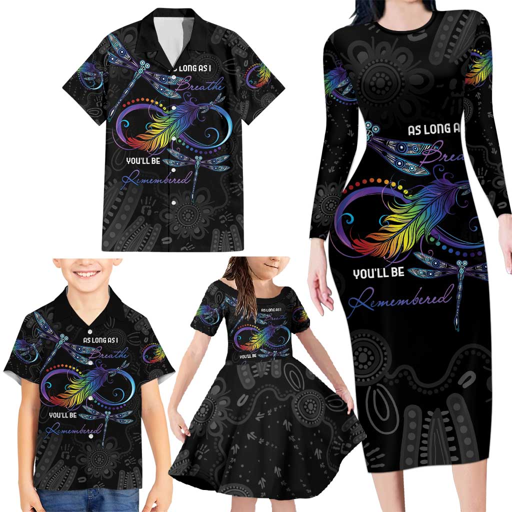 Personalised Australia Indigenous Memorial Family Matching Long Sleeve Bodycon Dress and Hawaiian Shirt As Long As I Breathe You'll Be Remembered
