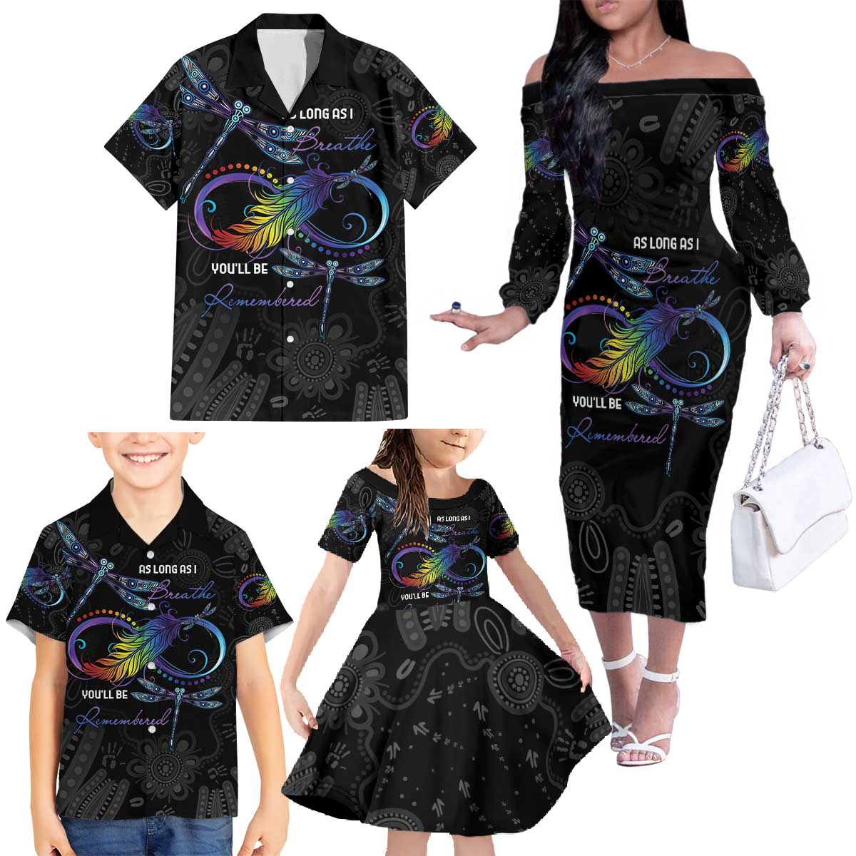Personalised Australia Indigenous Memorial Family Matching Off The Shoulder Long Sleeve Dress and Hawaiian Shirt As Long As I Breathe You'll Be Remembered