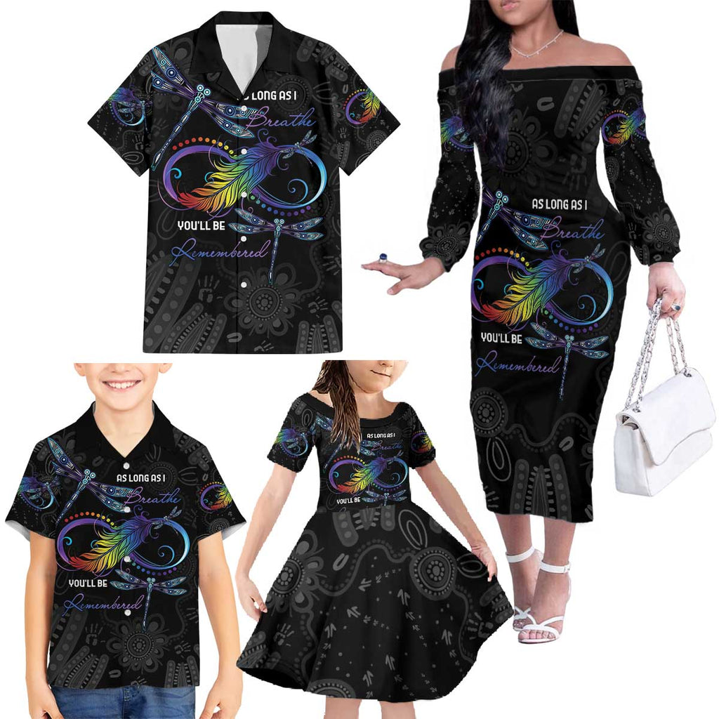 Personalised Australia Indigenous Memorial Family Matching Off The Shoulder Long Sleeve Dress and Hawaiian Shirt As Long As I Breathe You'll Be Remembered