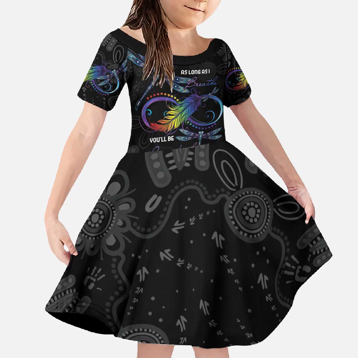 Personalised Australia Indigenous Memorial Family Matching Off The Shoulder Long Sleeve Dress and Hawaiian Shirt As Long As I Breathe You'll Be Remembered
