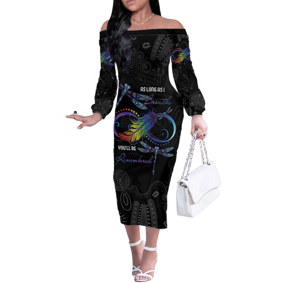 Personalised Australia Indigenous Memorial Family Matching Off The Shoulder Long Sleeve Dress and Hawaiian Shirt As Long As I Breathe You'll Be Remembered