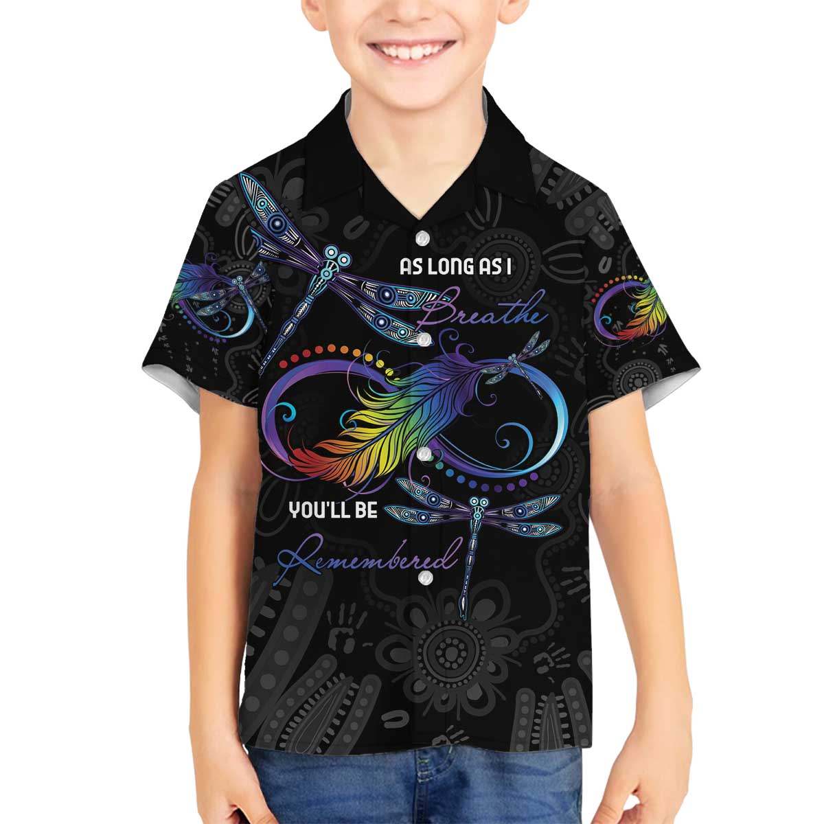 Personalised Australia Indigenous Memorial Family Matching Off The Shoulder Long Sleeve Dress and Hawaiian Shirt As Long As I Breathe You'll Be Remembered