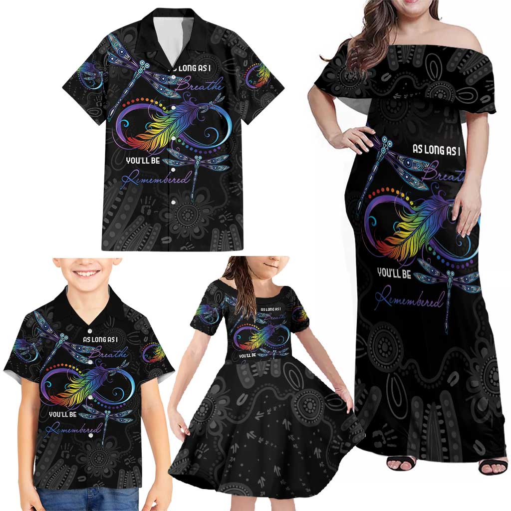 Personalised Australia Indigenous Memorial Family Matching Off Shoulder Maxi Dress and Hawaiian Shirt As Long As I Breathe You'll Be Remembered