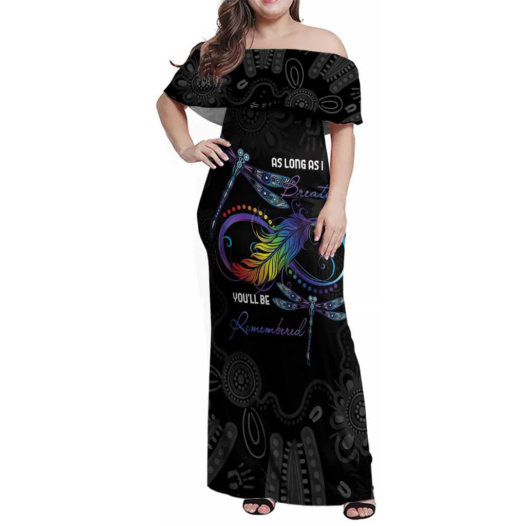 Personalised Australia Indigenous Memorial Family Matching Off Shoulder Maxi Dress and Hawaiian Shirt As Long As I Breathe You'll Be Remembered