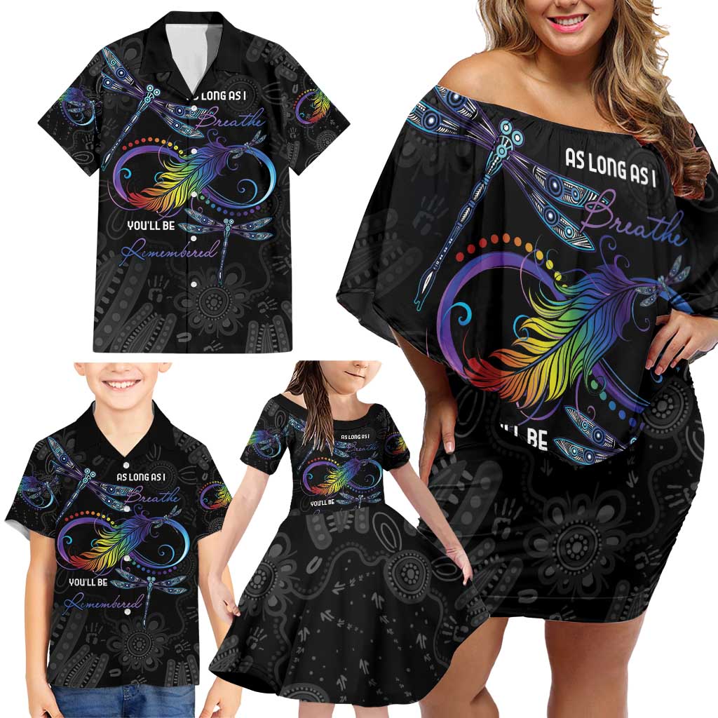 Personalised Australia Indigenous Memorial Family Matching Off Shoulder Short Dress and Hawaiian Shirt As Long As I Breathe You'll Be Remembered