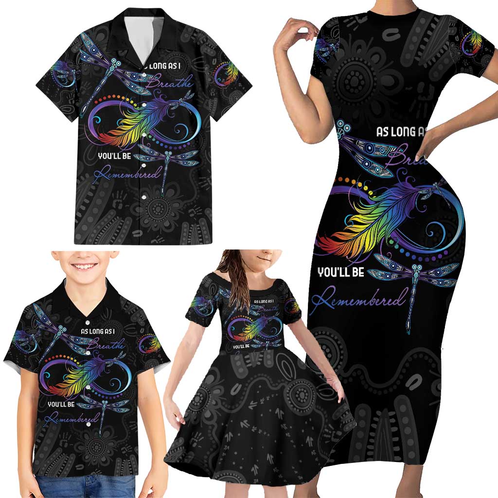 Personalised Australia Indigenous Memorial Family Matching Short Sleeve Bodycon Dress and Hawaiian Shirt As Long As I Breathe You'll Be Remembered