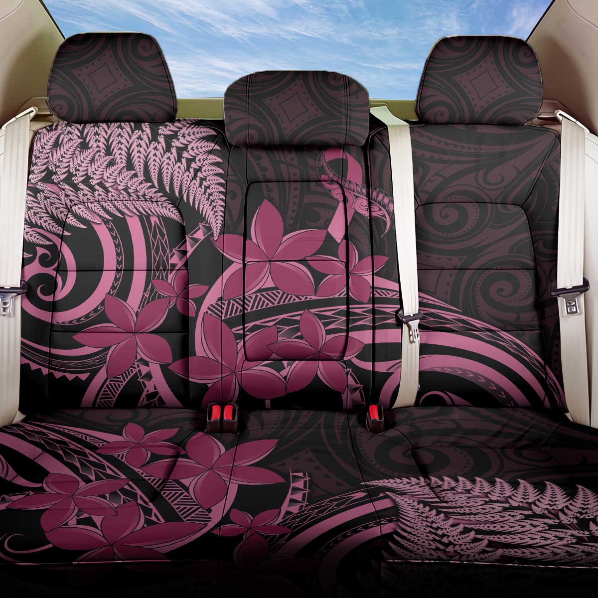 Aotearoa Maori Back Car Seat Cover Pink Fern Ribbons on Black - Aussie Hoodie