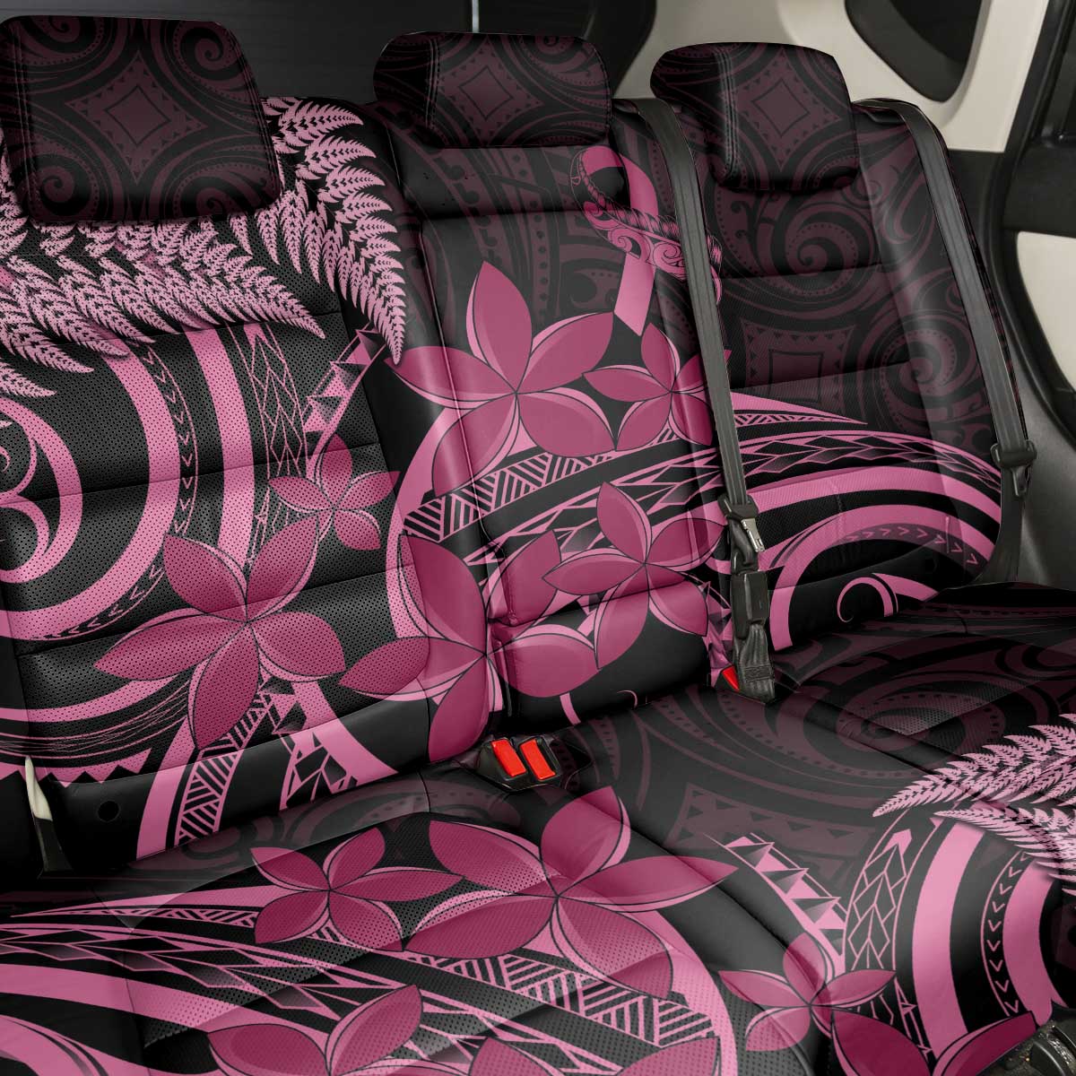Aotearoa Maori Back Car Seat Cover Pink Fern Ribbons on Black - Aussie Hoodie