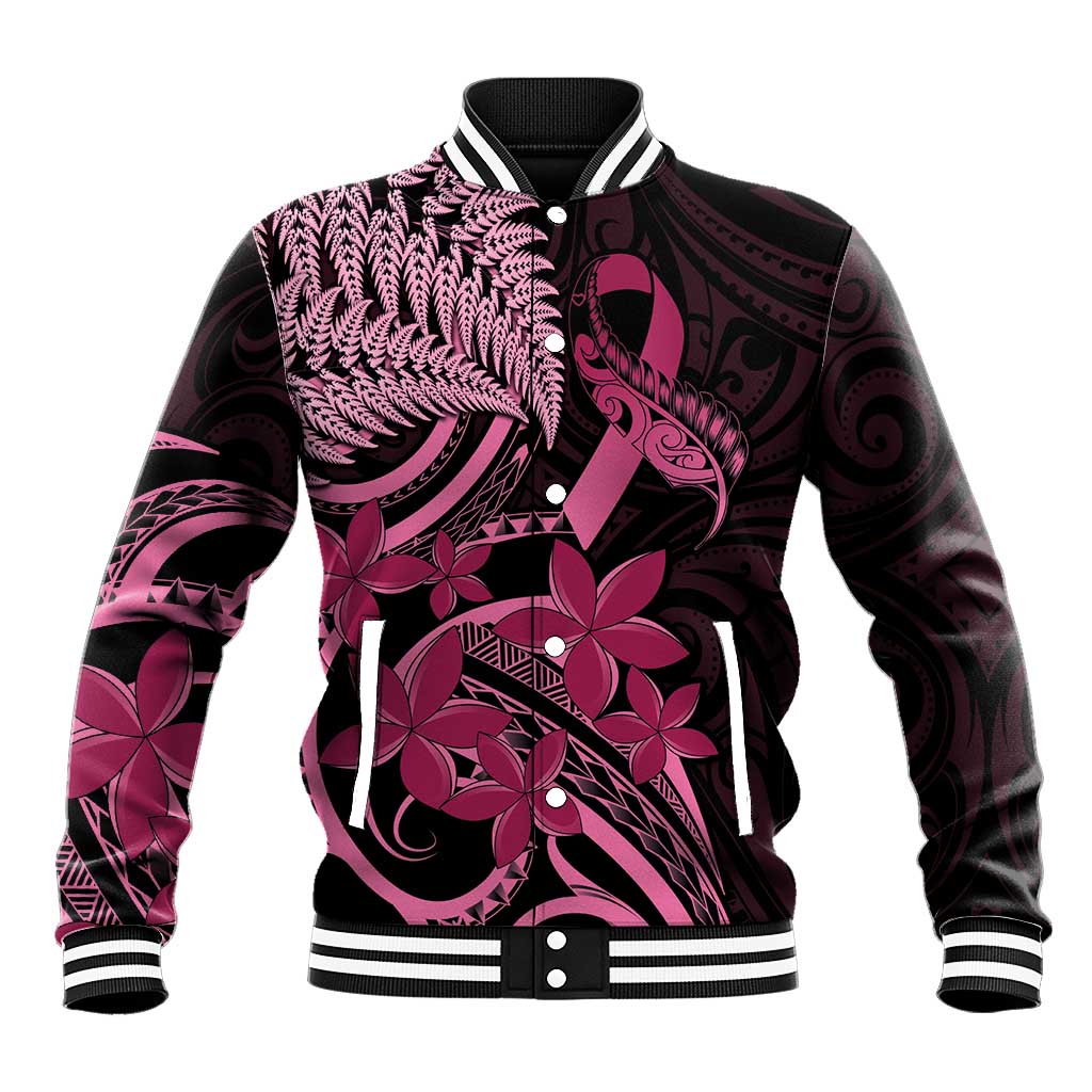 Aotearoa Maori Baseball Jacket Pink Fern Ribbons on Black - Aussie Hoodie
