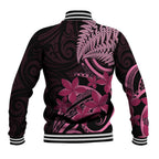 Aotearoa Maori Baseball Jacket Pink Fern Ribbons on Black - Aussie Hoodie