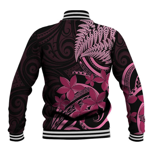 Aotearoa Maori Baseball Jacket Pink Fern Ribbons on Black - Aussie Hoodie
