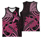 Aotearoa Maori Basketball Jersey Pink Fern Ribbons on Black - Aussie Hoodie