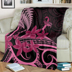 Aotearoa Maori Blanket Pink Fern Ribbons on Black - Aussie Hoodie