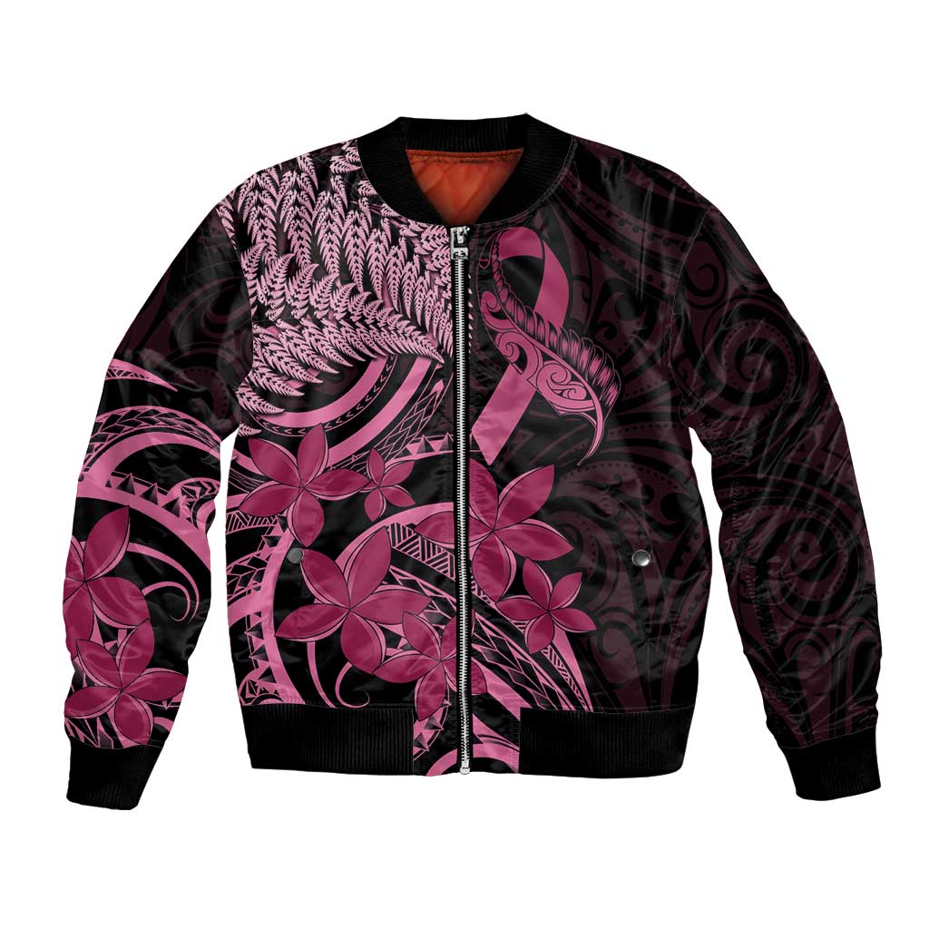 Aotearoa Maori Bomber Jacket Pink Fern Ribbons on Black - Aussie Hoodie