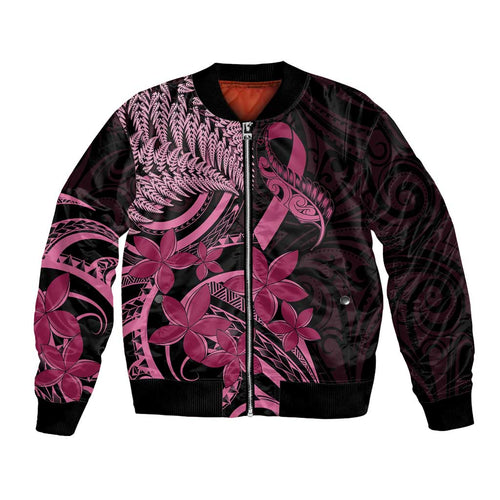 Aotearoa Maori Bomber Jacket Pink Fern Ribbons on Black - Aussie Hoodie