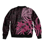 Aotearoa Maori Bomber Jacket Pink Fern Ribbons on Black - Aussie Hoodie