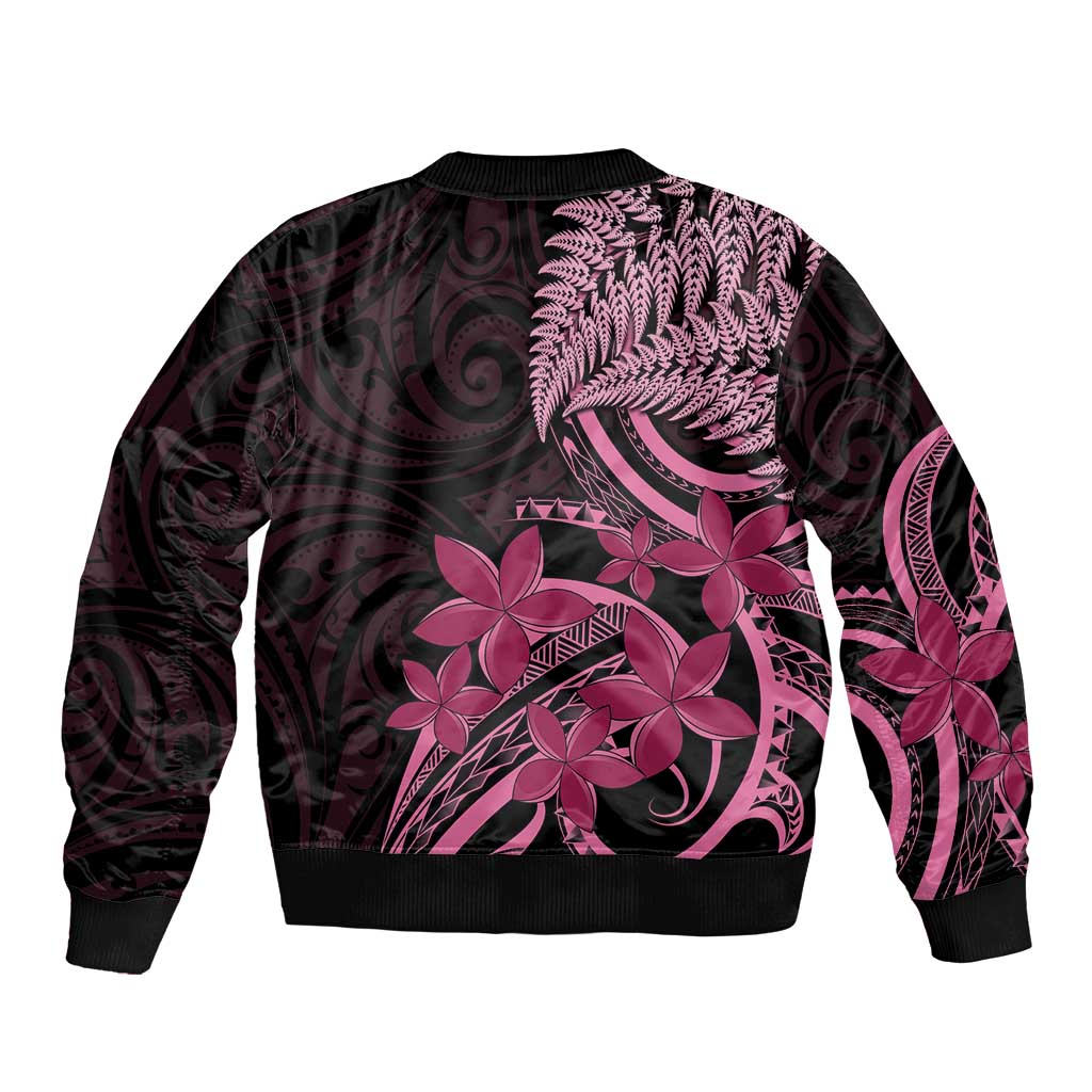 Aotearoa Maori Bomber Jacket Pink Fern Ribbons on Black - Aussie Hoodie