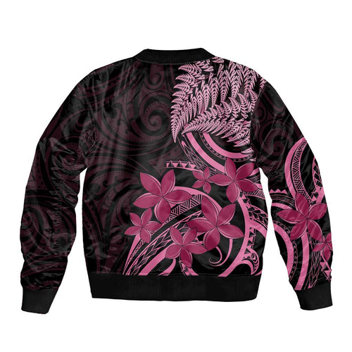 Aotearoa Maori Bomber Jacket Pink Fern Ribbons on Black - Aussie Hoodie
