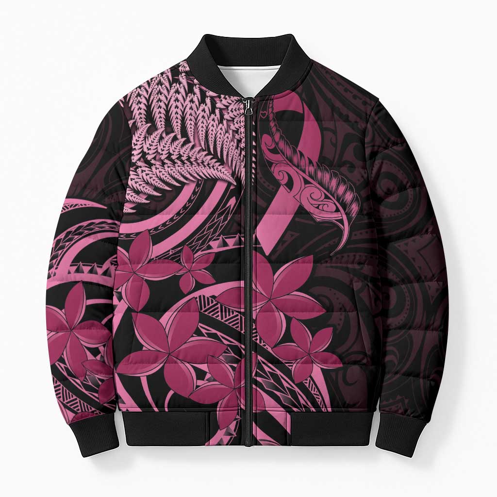 Aotearoa Maori Bomber Puffer Jacket Pink Fern Ribbons on Black - Aussie Hoodie