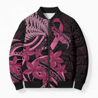 Aotearoa Maori Bomber Puffer Jacket Pink Fern Ribbons on Black - Aussie Hoodie