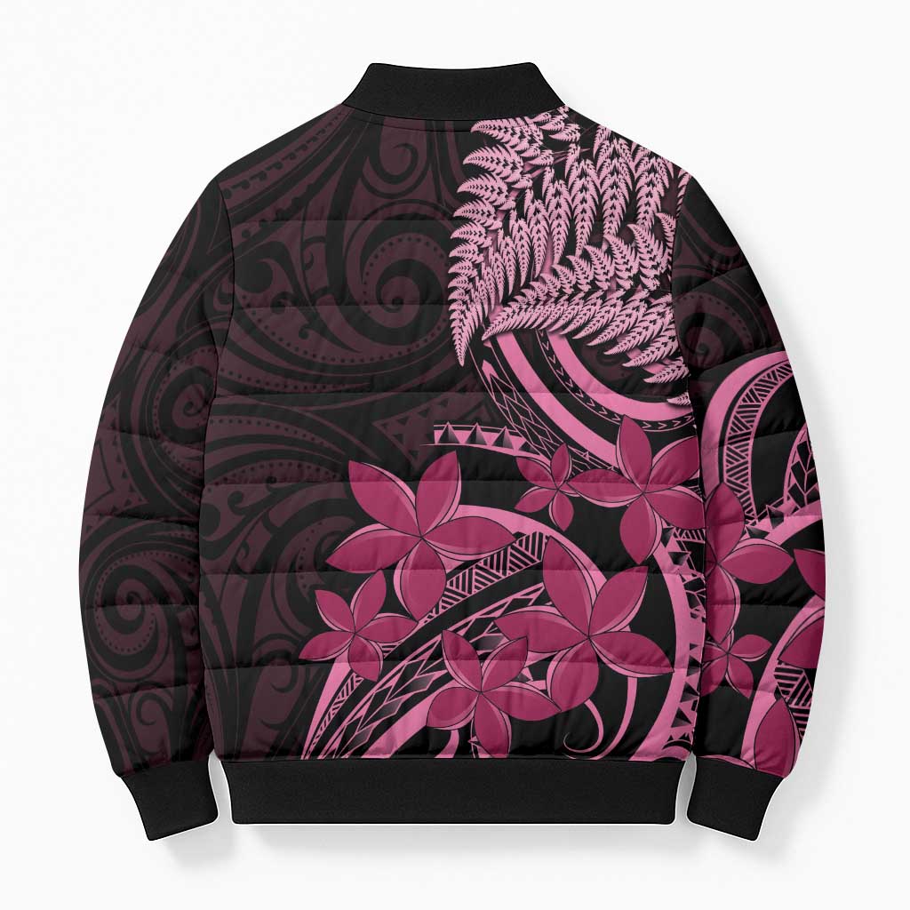 Aotearoa Maori Bomber Puffer Jacket Pink Fern Ribbons on Black - Aussie Hoodie