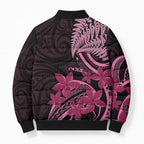Aotearoa Maori Bomber Puffer Jacket Pink Fern Ribbons on Black - Aussie Hoodie